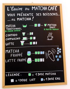 Carte des différents Matcha de l'Umami Matcha Café