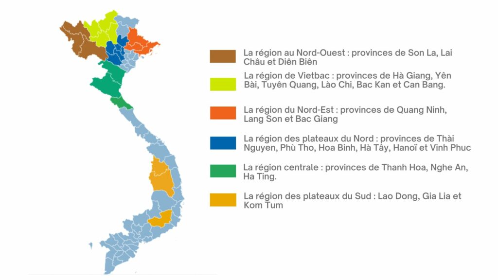 Carte des régions de production du thé au Vietnam 